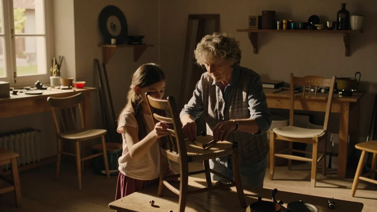 Machine à écrire vintage en cours de nettoyage sur un établi avec outils et documentation