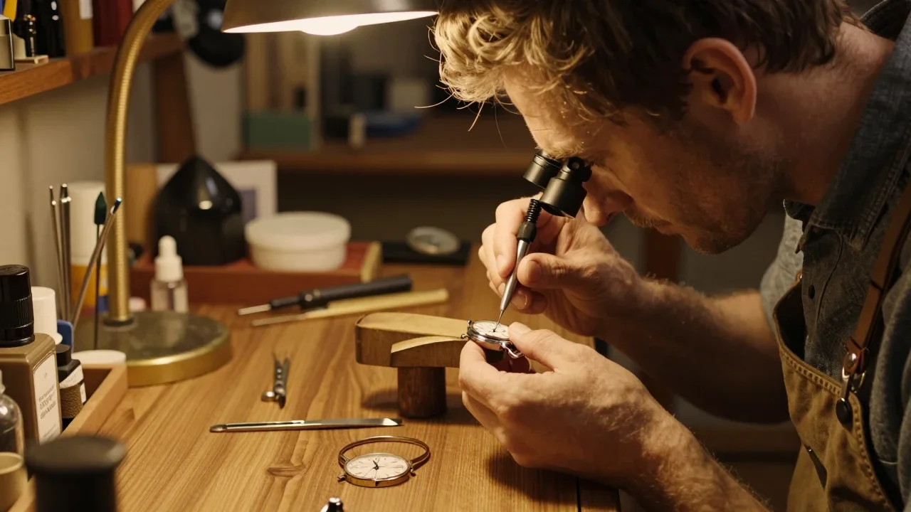 Paire de skis en bois vintage posée à plat avec ses couteaux métalliques et des outils de mesure