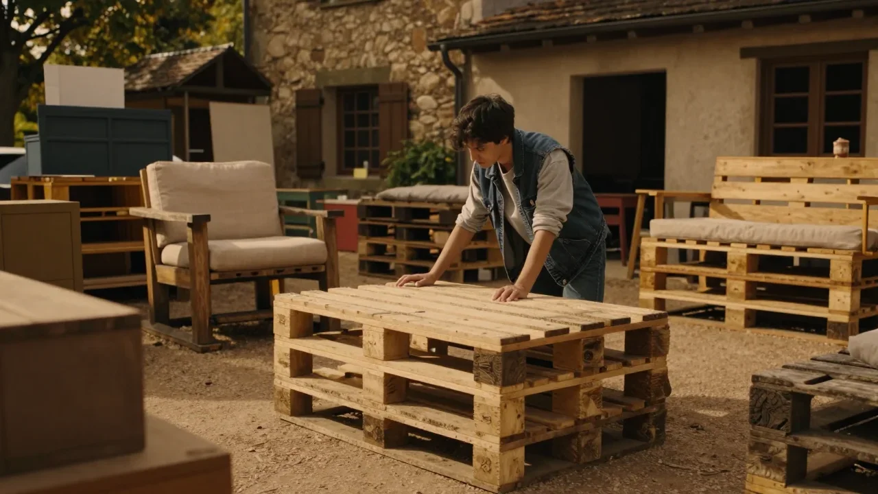 Coffret de couture en bois ancien posé sur une table avec outils de restauration et pinceau appliqué de vernis