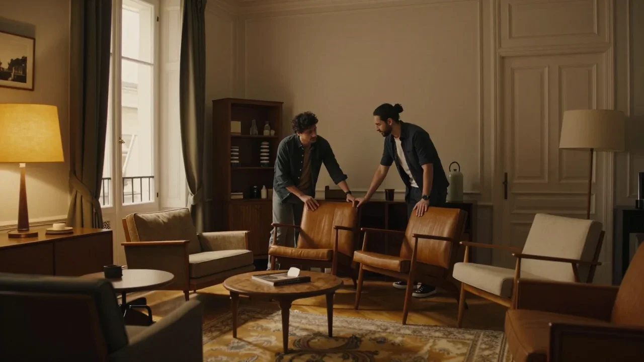 Poussette occasion posée sur table de travail avec mètre ruban et outil d'inspection des coutures