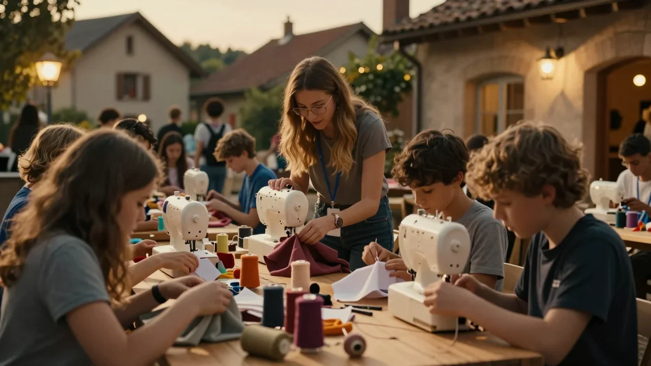 Bureau industriel en métal posé sur un sol de garage, avec mètre ruban et balance visible, lumière naturelle