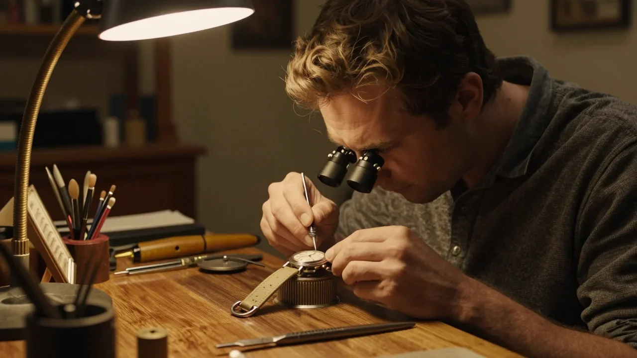 Machine à écrire mécanique ouverte montrant le ruban d'encre et le chariot en cours de vérification