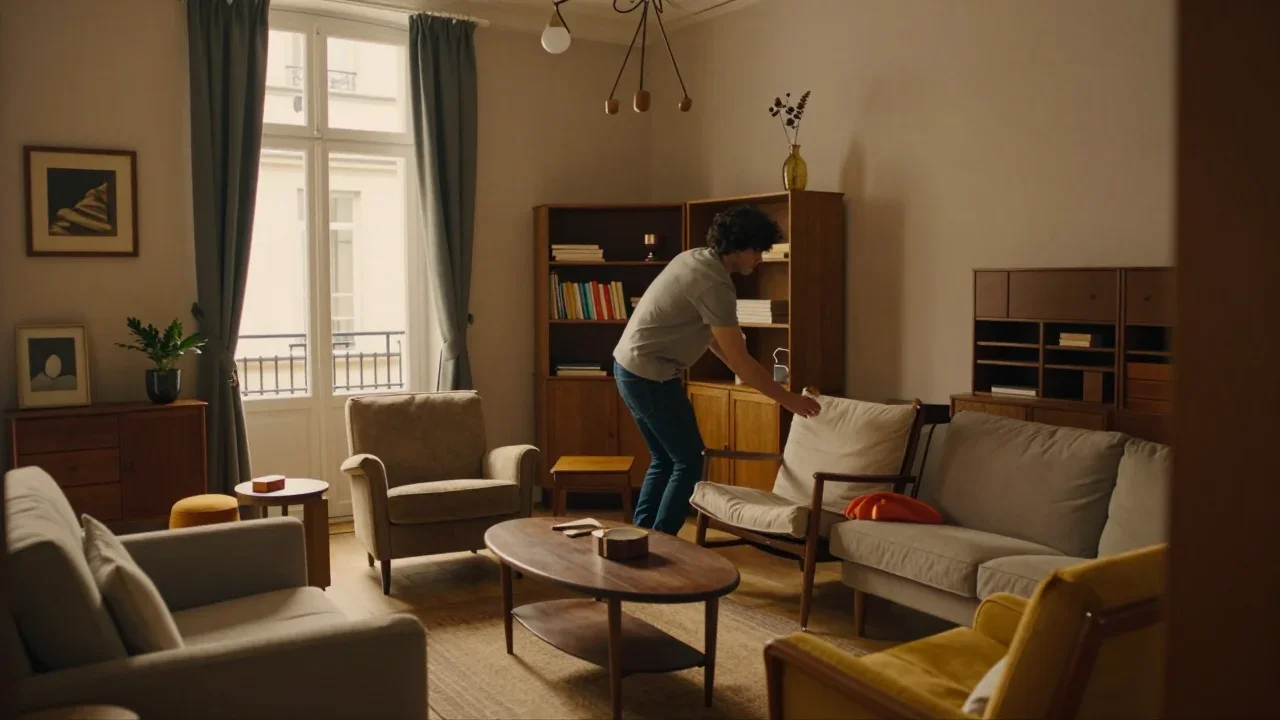 Accordéon diatonique ancien posé sur une table en bois avec un chiffon microfibre et un hygromètre à proximité pour inspection technique avant vente locale