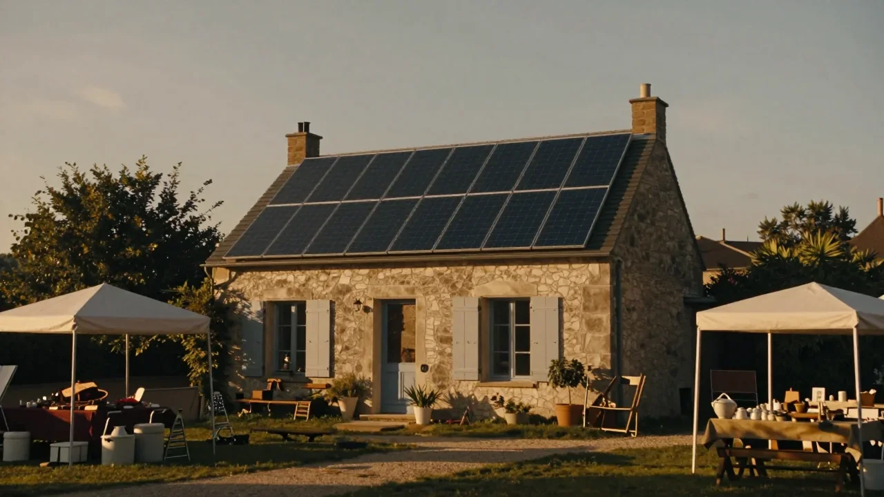 Guitare acoustique posée sur une table de travail avec un métronome et des cordes neuves