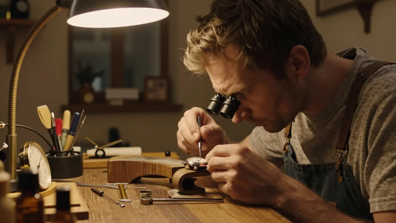 Machine à écrire vintage avec touches manquantes sur un établi de restauration locale