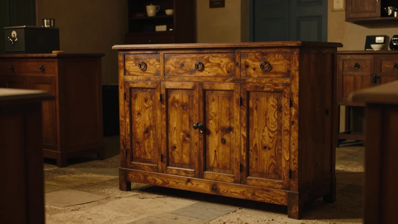 Détail d'une douille E27 sur une lampe vintage avec cordon tressé posé sur un établi en bois clair