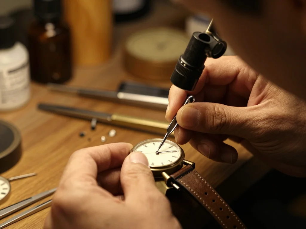 Paire de skis en bois vintage posée à plat avec ses couteaux métalliques et des outils de mesure - illustration 1