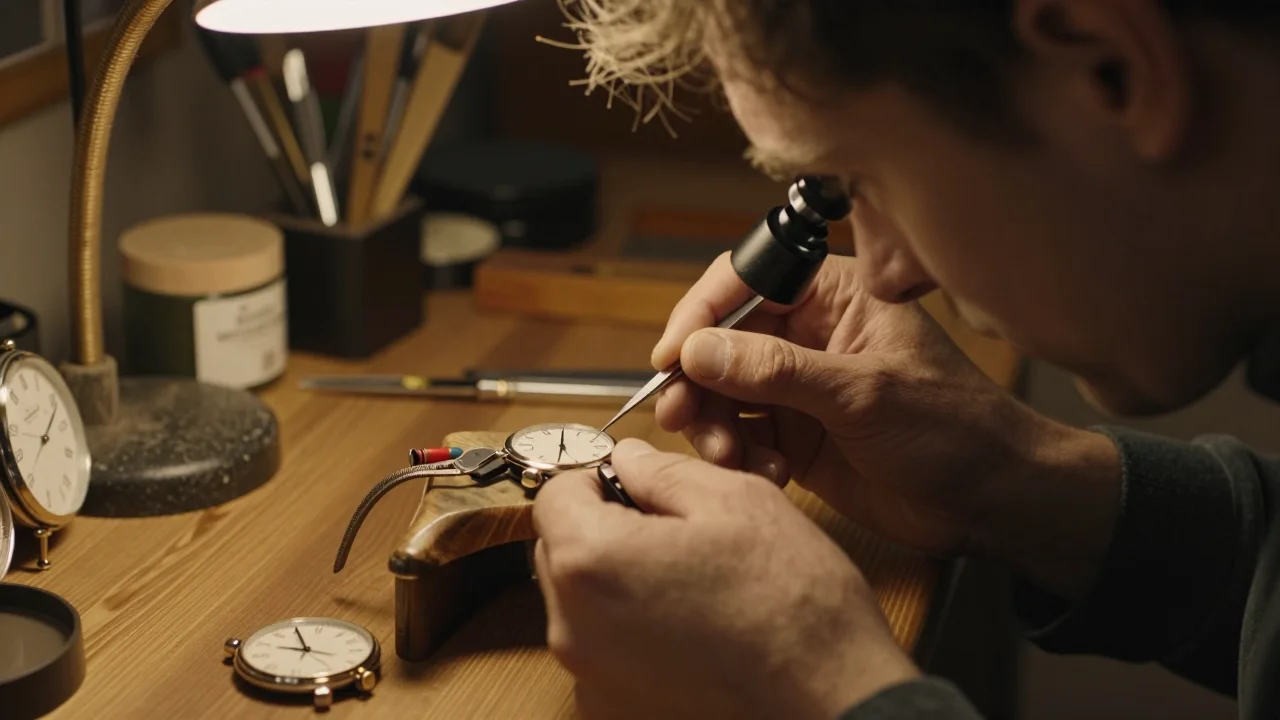 Paire de skis en bois vintage posée à plat avec ses couteaux métalliques et des outils de mesure - illustration 2