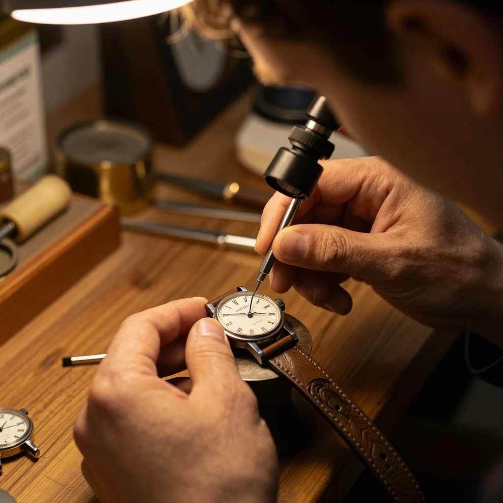 Paire de skis en bois vintage posée à plat avec ses couteaux métalliques et des outils de mesure - illustration 3
