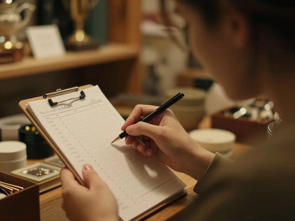 Jeune femme testant les boutons et l'écran d'une Game Boy Color sur un bureau en bois clair - illustration 1