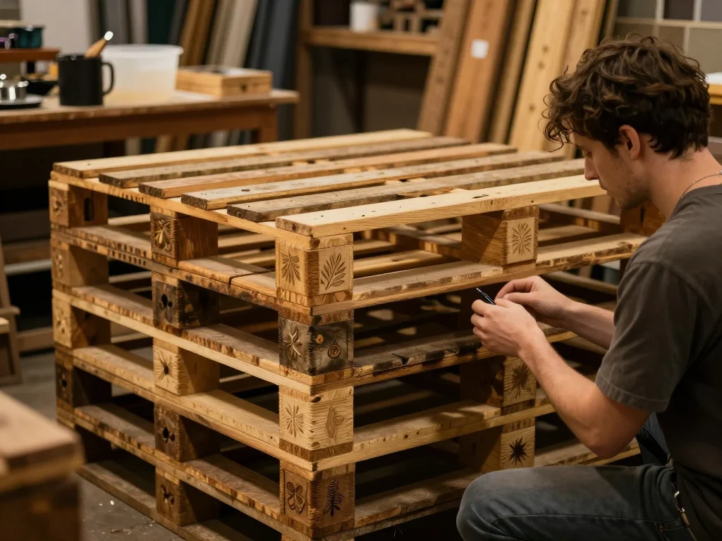 Coffret de couture en bois ancien posé sur une table avec outils de restauration et pinceau appliqué de vernis - illustration 1