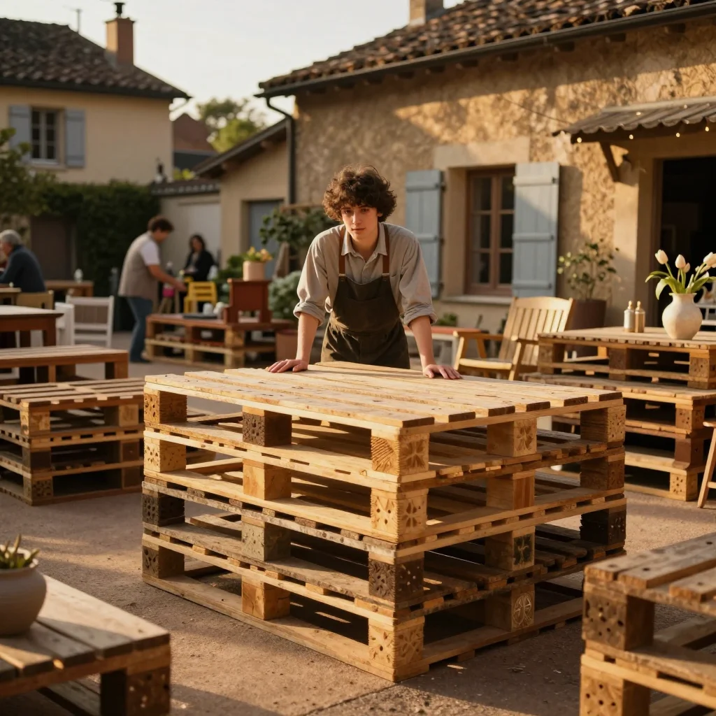 Coffret de couture en bois ancien posé sur une table avec outils de restauration et pinceau appliqué de vernis - illustration 3