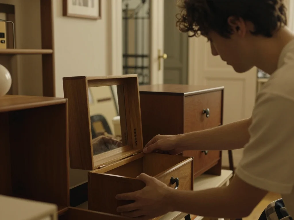 Poussette occasion posée sur table de travail avec mètre ruban et outil d'inspection des coutures - illustration 1