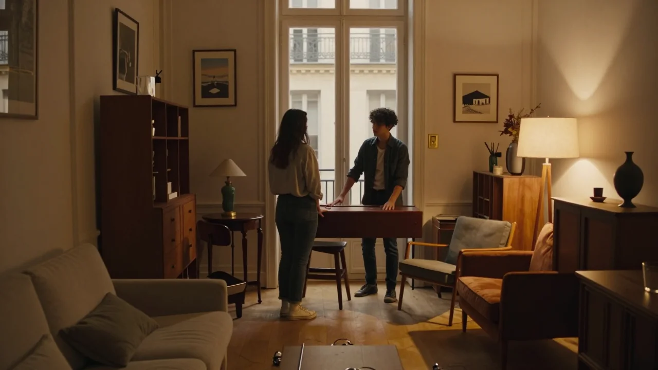 Poussette occasion posée sur table de travail avec mètre ruban et outil d'inspection des coutures - illustration 2