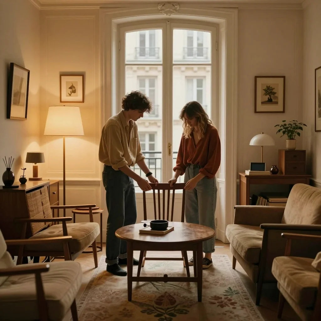 Poussette occasion posée sur table de travail avec mètre ruban et outil d'inspection des coutures - illustration 3