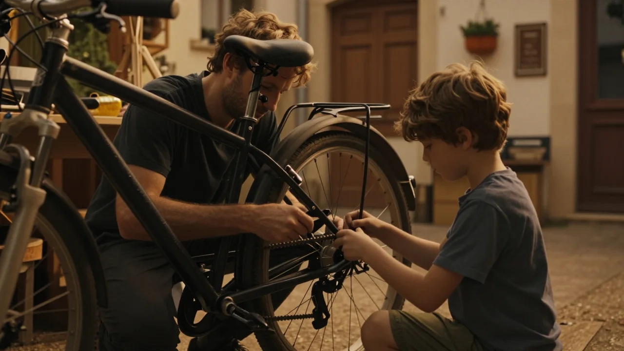 Inspection manuelle d'une planche de surf ancienne posée sur un chevalet de révision - illustration 2