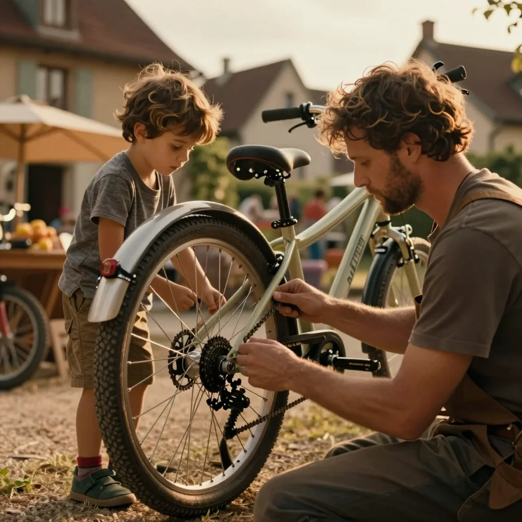 Inspection manuelle d'une planche de surf ancienne posée sur un chevalet de révision - illustration 3