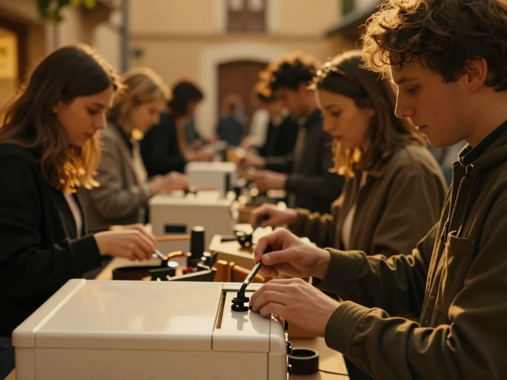 Outils de jardinage en fonte avec patine naturelle posés sur une table de travail en bois, éclairage naturel - illustration 1