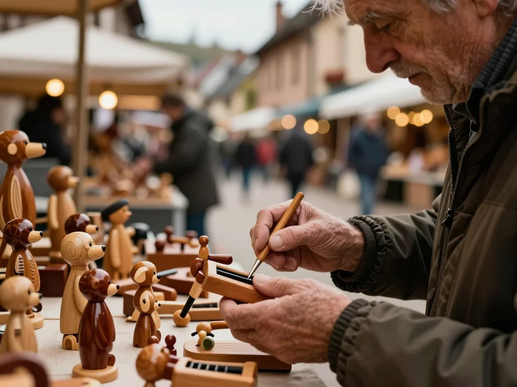 Pantalon de travail denim vintage posé sur une nappe blanche avec gros plan sur les rivets et les coutures - illustration 1