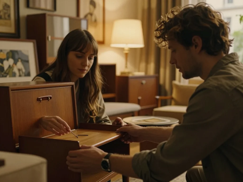 Accordéon diatonique ancien posé sur une table en bois avec un chiffon microfibre et un hygromètre à proximité pour inspection technique avant vente locale - illustration 1